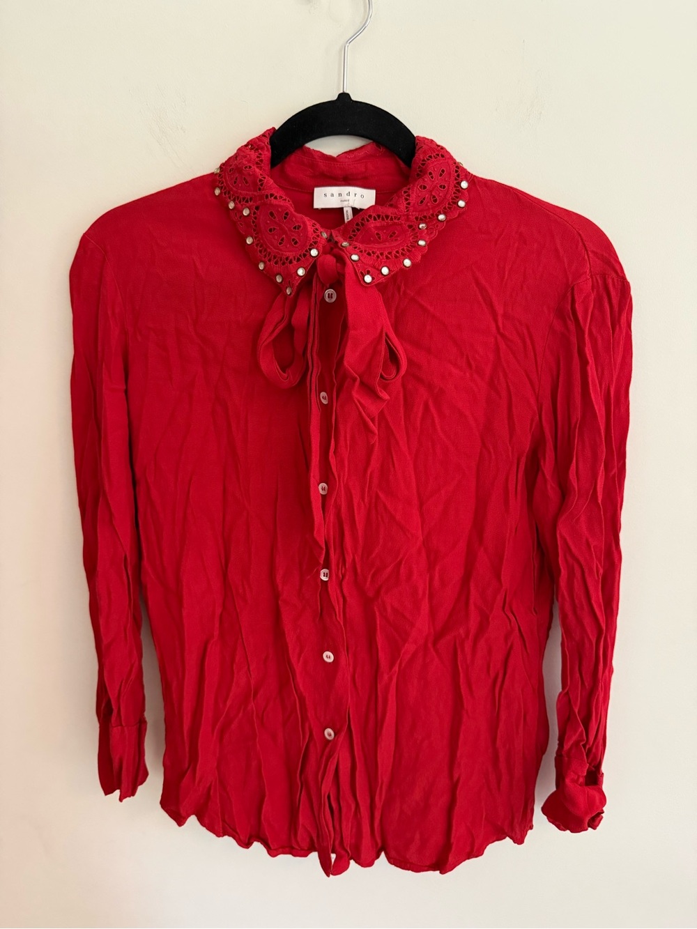 Sandro Red Western Bow Tie Collar Blouse